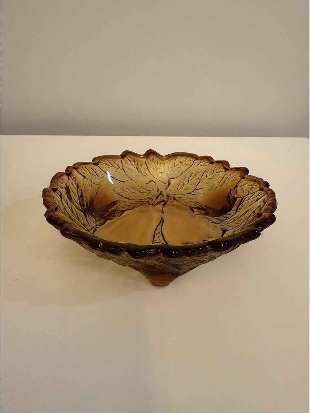 Tiara Indiana Glass “Sweet Pear” Amber Bowl 3 Footed Base w/Scalloped Leaf Edges